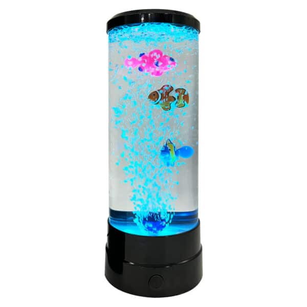 Lampe noir LED avec de l'eau, des bulles et des poissons plastiques