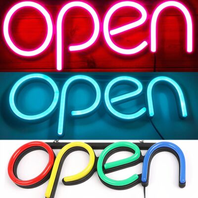 Lampe LED fluo Ultra brillante en panneau mural avec écrit open, présenté en 3 coloris différents, rose, bleu et multicolore