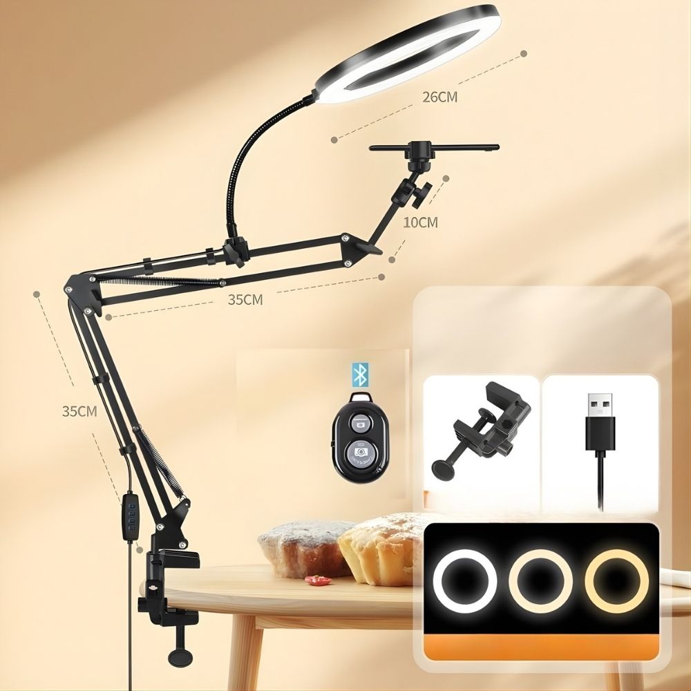 Anneau lumineux LED rond avec bras Long réglable pour téléphone avec ses accessoires, sur fond beige