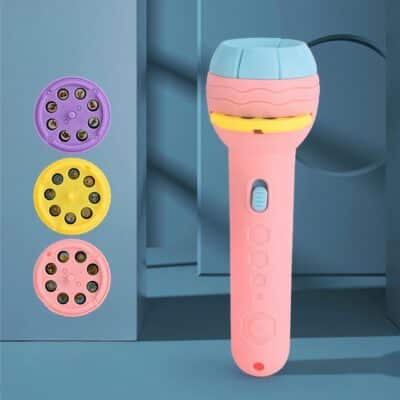 Lampe torche enfant rose avec projection d'animaux , avec 3 disques colorés pour changer les motifs