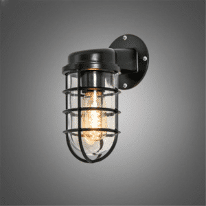 Une lampe applique extérieure de couleur noire avec une grille de protection au niveau de l'ampoule.