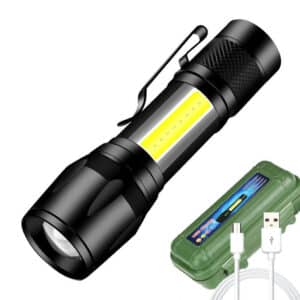 Lampe torche Miniature rechargeable USB présenté seule et une autre fois tenue dans une main