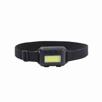 Mini lampe frontale rechargeable LED portable noire présentée sur fond blanc