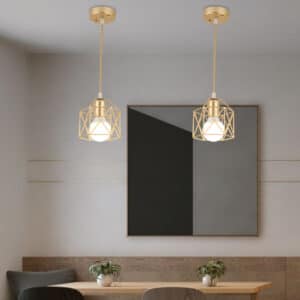 Lampe plafond LED design présentée installée au plafond deux fois au dessus d'une table