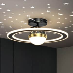 Lampe plafond LED à intensité réglable rond avec diffusion d'étoiles présentée installée allumée à un plafond