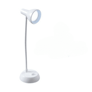 Lampe de lecture blanche avec ampoule allumée, sur socle rond. Sur fond blanc.