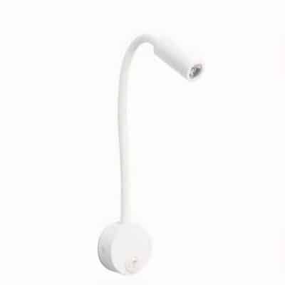 Lampe murale blanche, fine, avec un bras flexible en col de signe et un interrupteur sur le socle.