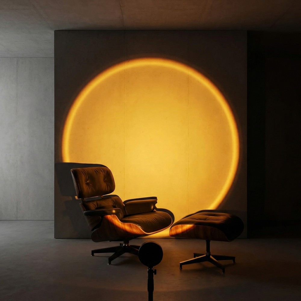 Lampe halo LED sur pied effet coucher de soleil doré projetant cercle orange lumineux sur mur gris, salon moderne.