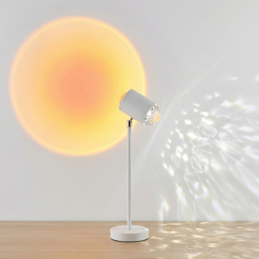 Une lampe halo lumineux double projection LED blanche sur pied, tête orientable en métal gris, un halo orangé circulaire sur le mur et des effets ondulation sol.