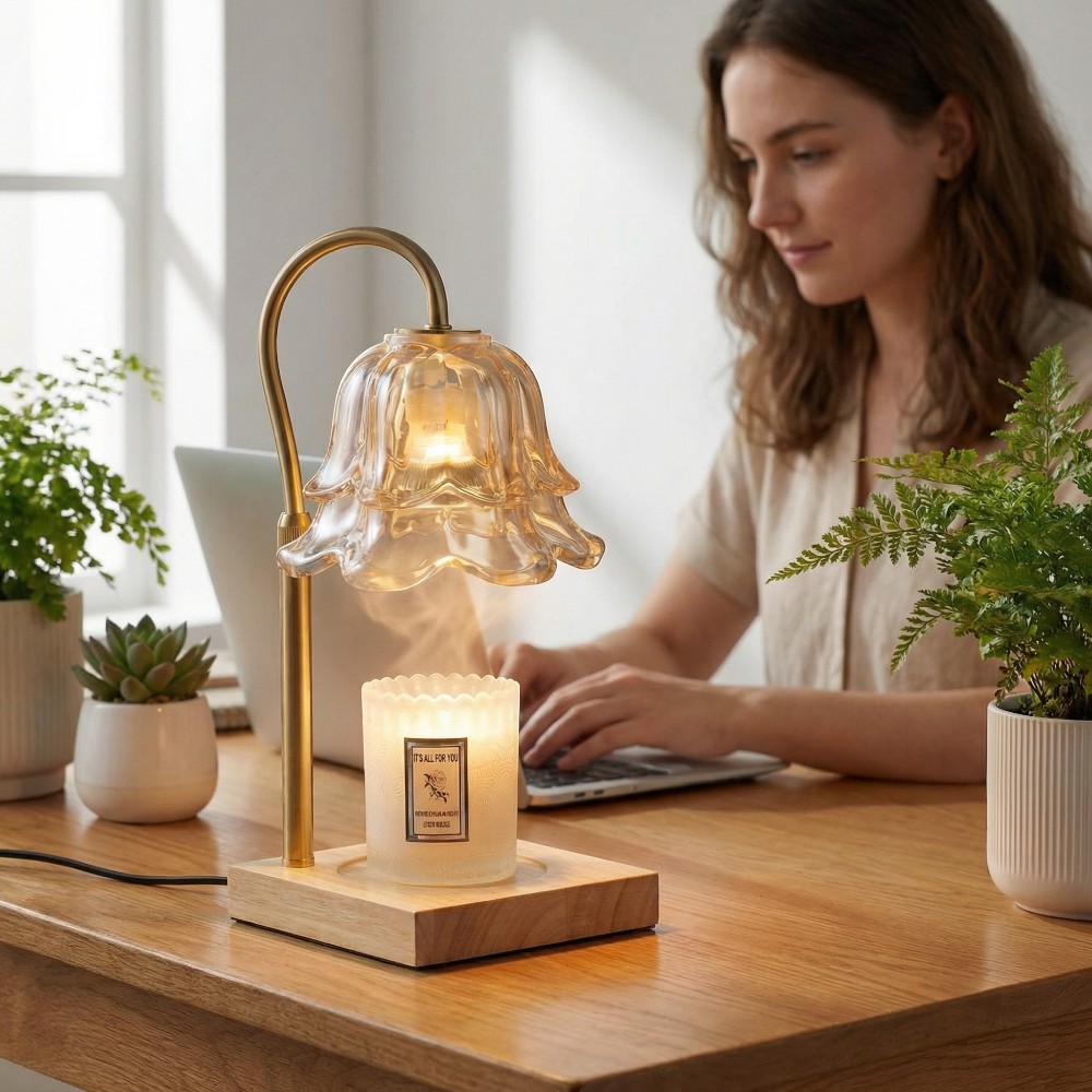 Lampe chauffe bougie sans flamme fleur dorée avec minuterie