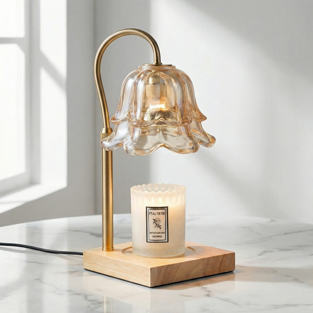 Lampe chauffe bougie sans flamme fleur dorée avec minuterie