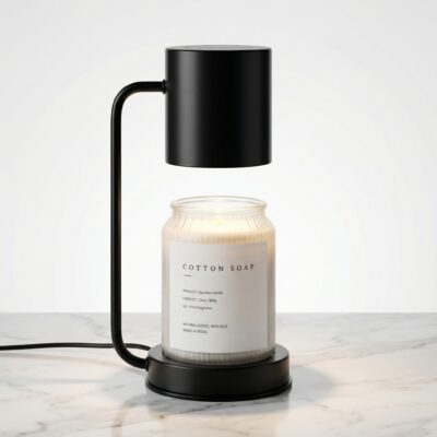 Lampe chauffe bougie décorative métallique noire sans fumée pour une ambiance cosy, posée sur une table en marbre clair, éclairant une bougie parfumée.