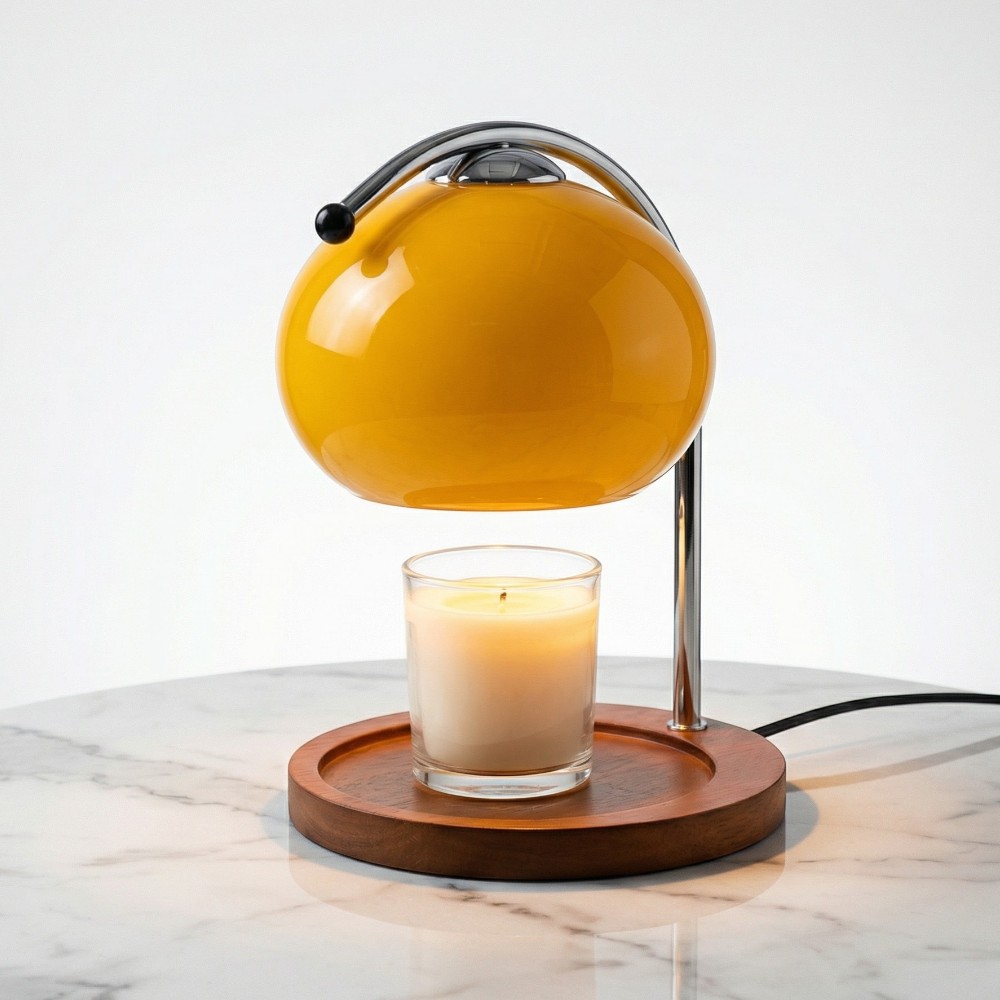 Lampe chauffe bougie vintage verre et bois avec dôme en verre jaune et base ronde en bois, chauffant une bougie parfumée sans flamme sur table claire en marbre.