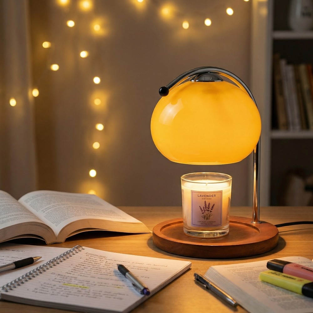 Lampe chauffe bougie vintage verre et bois