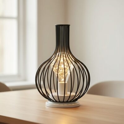 Cette lampe de table métallique en forme de carafe révèle sa cage filaire noire en fer courbé avec son ampoule globe LED posée sur son socle rond blanc pour sublimer votre intérieur nomade et contemporain.