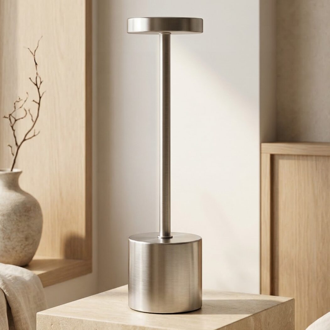 Lampe de table rechargeable tactile élégante en métal argenté avec design cylindrique moderne diffusant lumière douce réglable, posée sur table, style chic sans fil