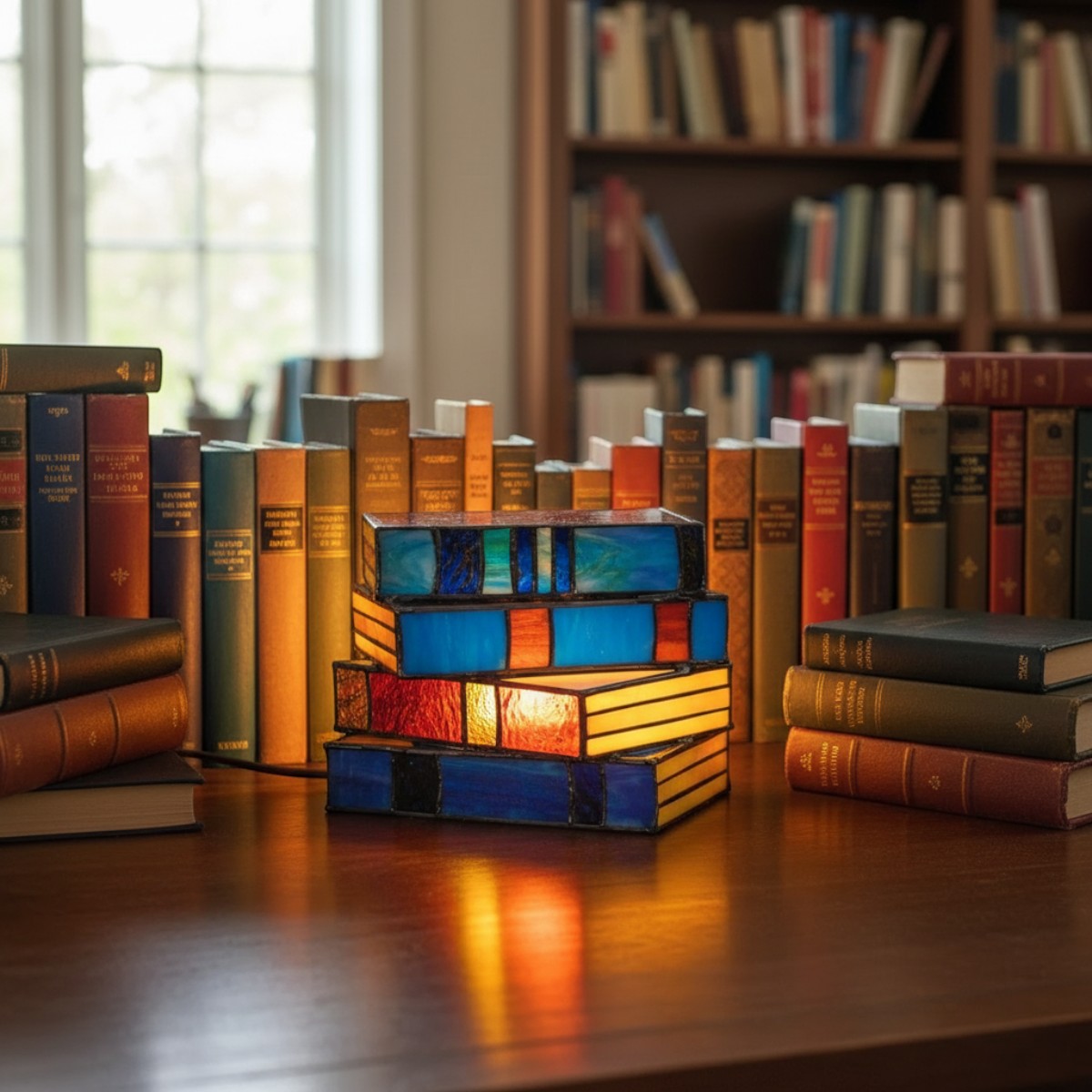 Lampe livre vintage style vitrail artisanal
