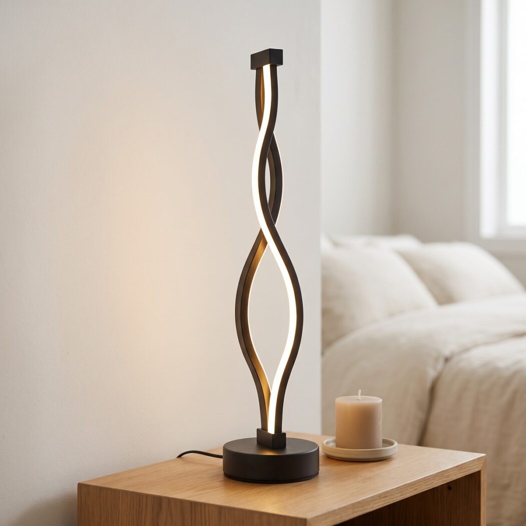 Une lampe ondulée minimaliste au design scandinave artistique noire, posée sur une table en bois dans une chambre douce et lumineuse, avec une bougie à côté.