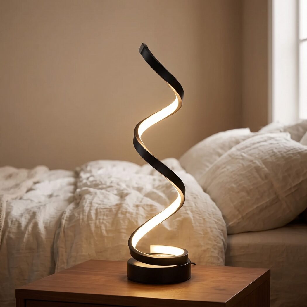Une lampe ondulée en spirale à intensité variable posée sur une table en bois, avec une lumière douce et chaude dans une pièce calme.