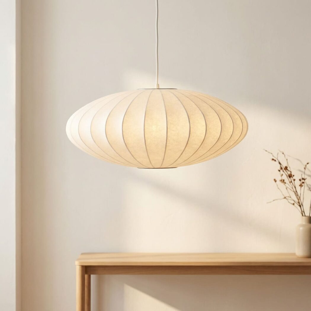 Une suspension ovale en fibre naturelle style Wabi Sabi lumineuse, au-dessus d’une table en bois dans une pièce claire et épurée.